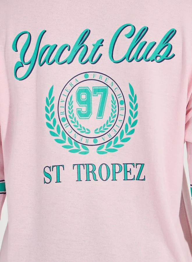 Styli Oversized Varsity Print Dropped Shoulder T-Shirt