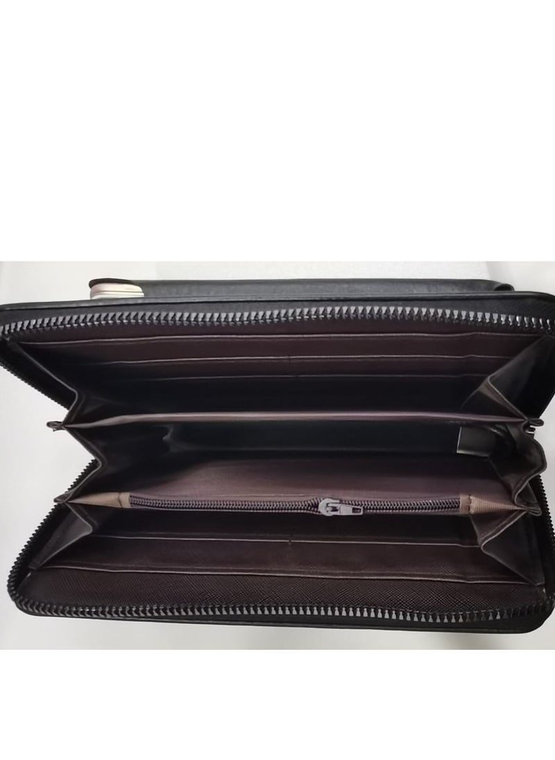 "Stylish and modern hand pocket wallet made of premium faux leather with fine detailing and a spacious compartment for organizing items with ease and elegance with a mobile phone case - black"