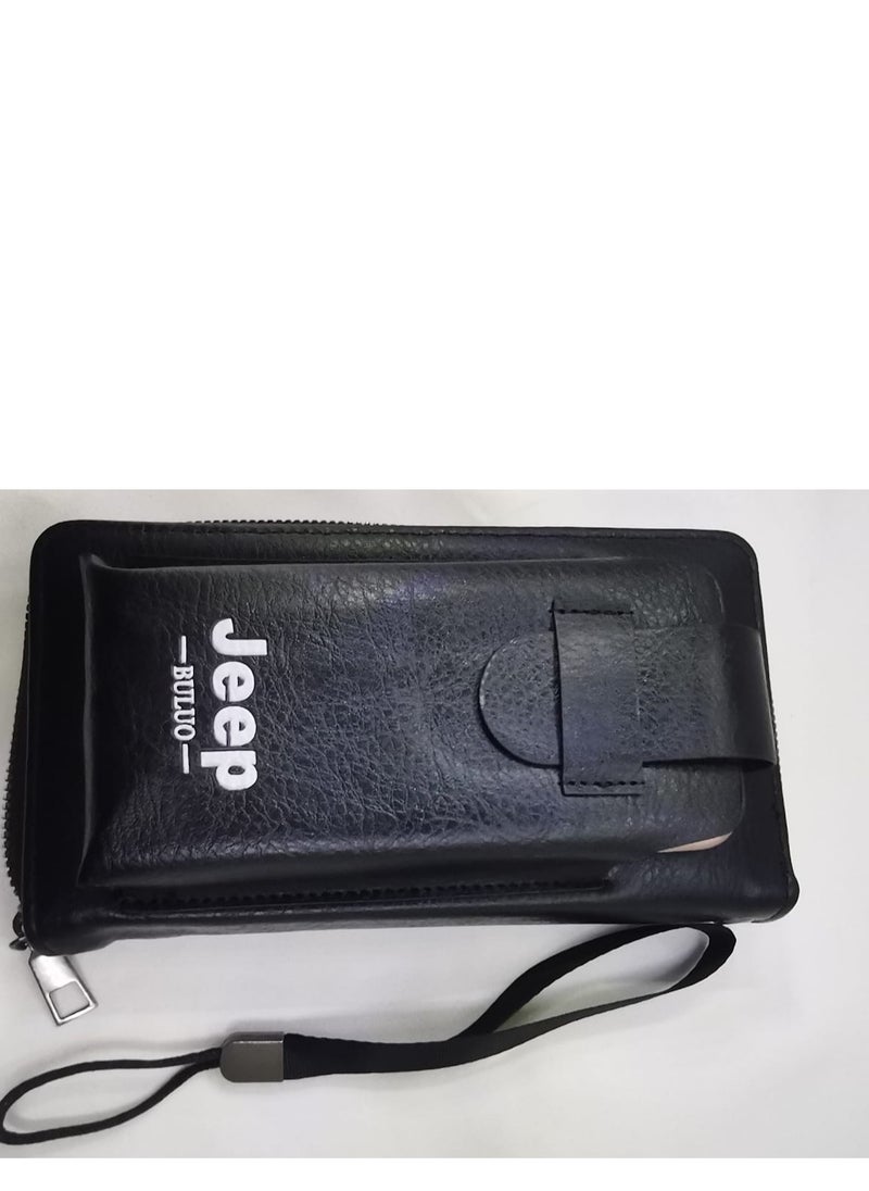 "Stylish and modern hand pocket wallet made of premium faux leather with fine detailing and a spacious compartment for organizing items with ease and elegance with a mobile phone case - black"