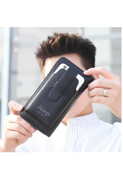 "Stylish and modern hand pocket wallet made of premium faux leather with fine detailing and a spacious compartment for organizing items with ease and elegance with a mobile phone case - black"