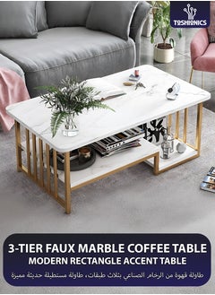 Toshionics Modern Luxurious Multi-layer Rectangle-Shaped Coffee Table with Faux Marble Wooden Tabletop Gold Metal Frame and Storage 3-Tier Nordic Minimalist Nordic Elegant Stylish Decorative Cocktail Center Accent Table for Home Office Hotel Lobby Lounge Spa and Salon  Reception Areas Space-Saving Easy to Assemble Décorative Furniture  - Image 1