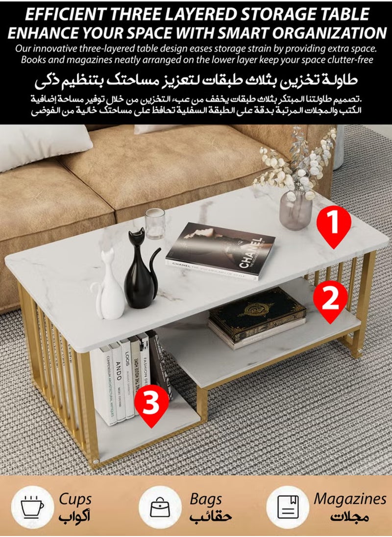 Toshionics Modern Luxurious Multi-layer Rectangle-Shaped Coffee Table with Faux Marble Wooden Tabletop Gold Metal Frame and Storage 3-Tier Nordic Minimalist Nordic Elegant Stylish Decorative Cocktail Center Accent Table for Home Office Hotel Lobby Lounge Spa and Salon  Reception Areas Space-Saving Easy to Assemble Décorative Furniture  - Image 2