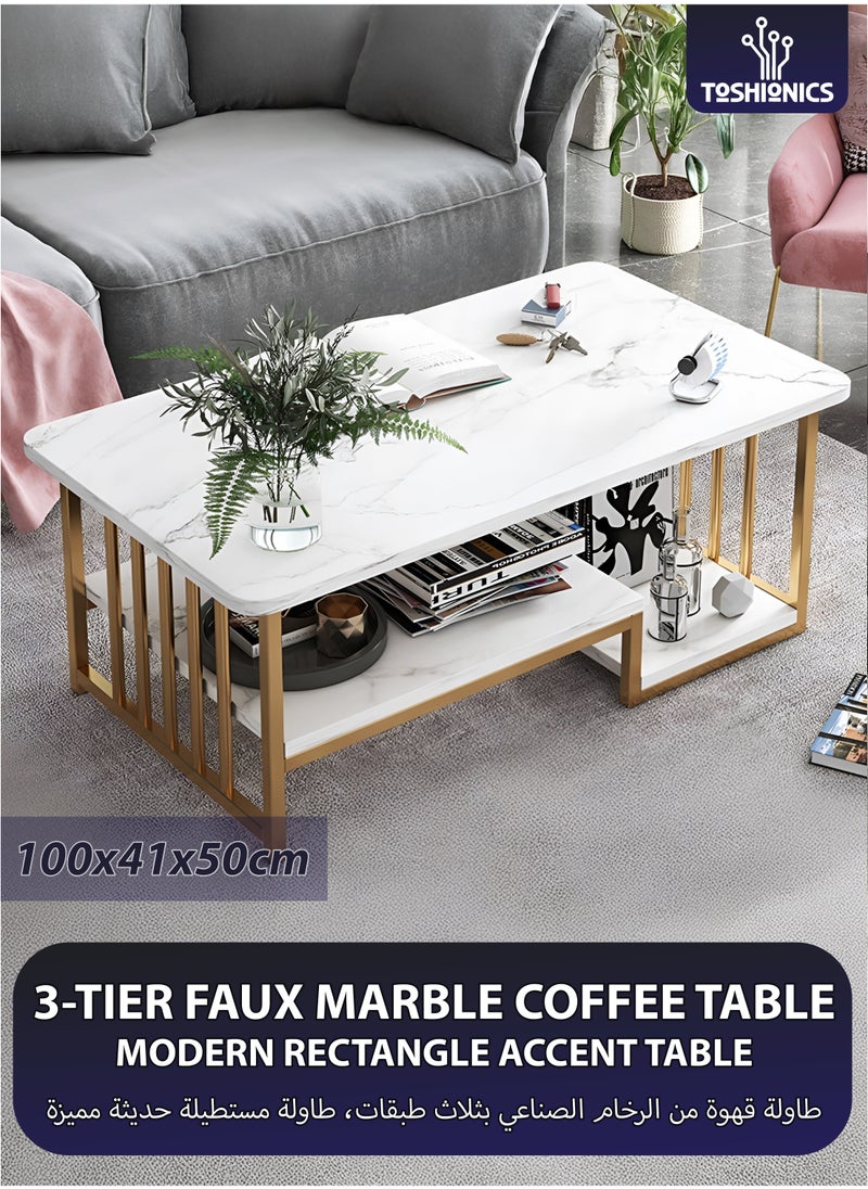 Toshionics Modern Luxurious Multi-layer Rectangle-Shaped Coffee Table with Faux Marble Wooden Tabletop Gold Metal Frame and Storage 3-Tier Nordic Minimalist Nordic Elegant Stylish Decorative Cocktail Center Accent Table for Home Office Hotel Lobby Lounge Spa and Salon  Reception Areas Space-Saving Easy to Assemble Décorative Furniture  - Image 1