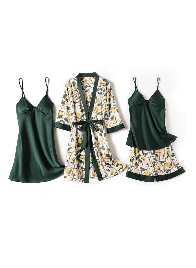 Spring and summer feminine ice silk pajamas four-piece set with suspenders and long sleeves