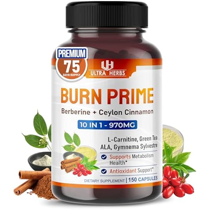ULTRA HERBS Ultra Burn Prime 1730 mg – 10-in-1 with Berberine, Ceylon Cinnamon, L-Carnitine, ALA, Green Tea & Gymnema – Supports Metabolism, Energy & Digestive Balance – 150 Capsules - Image 1