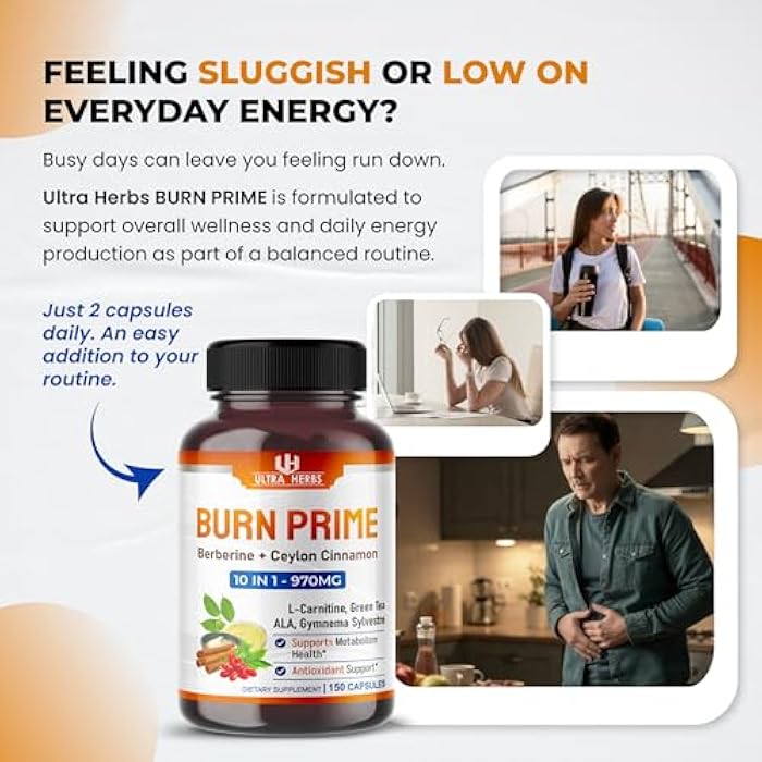 ULTRA HERBS Ultra Burn Prime 1730 mg – 10-in-1 with Berberine, Ceylon Cinnamon, L-Carnitine, ALA, Green Tea & Gymnema – Supports Metabolism, Energy & Digestive Balance – 150 Capsules - Image 2