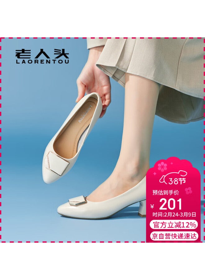Laorentou Women's Fashion Professional Chunky Heel Low-cut Buckle Mid-heel Commuter Work Mom Shoes La219 Beige Size 40 - Image 1