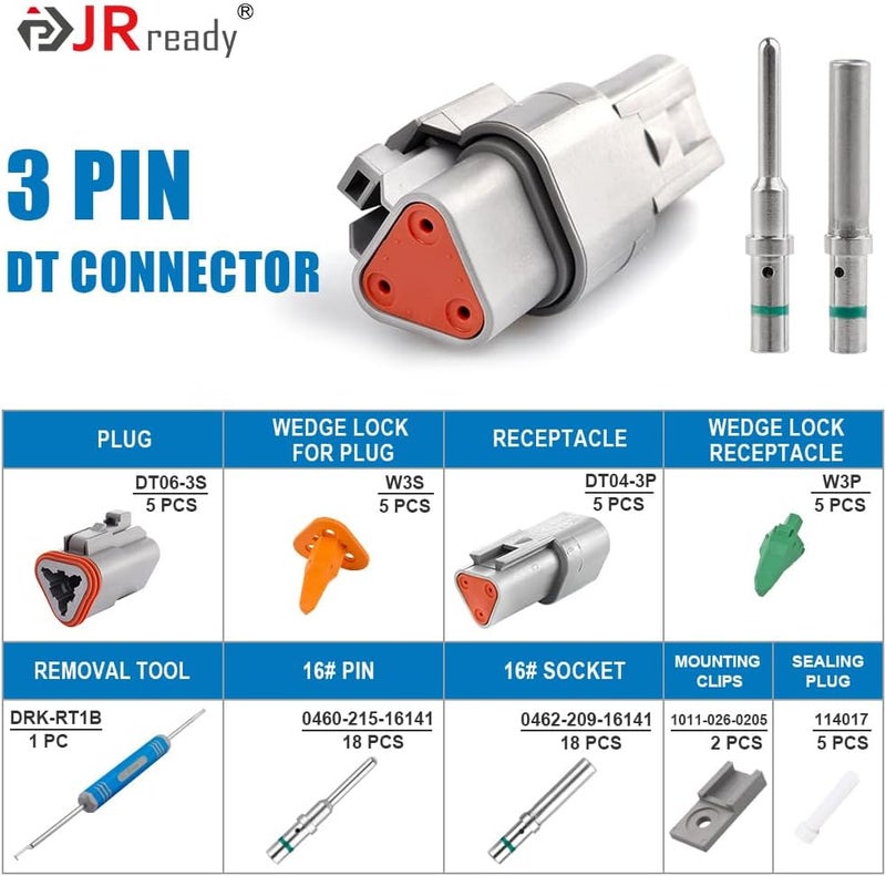 JRready Deutsch Connector 3 Pin Connector Kits with Size 16 Solid Contacts(14-20AWG), ST6328-3 Waterproof DT Series Connector 3 Pin 5 Sets and Deutsch Pin Removal Tool DRK-RT1B with Mounting Clips - Image 2