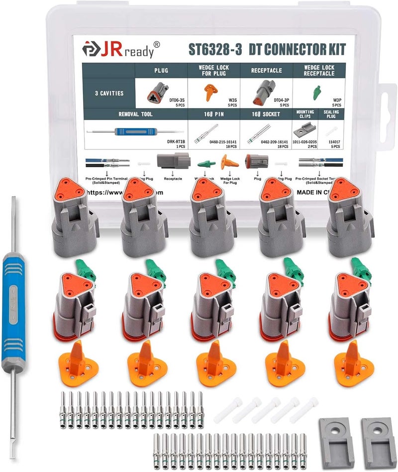 JRready Deutsch Connector 3 Pin Connector Kits with Size 16 Solid Contacts(14-20AWG), ST6328-3 Waterproof DT Series Connector 3 Pin 5 Sets and Deutsch Pin Removal Tool DRK-RT1B with Mounting Clips - Image 1