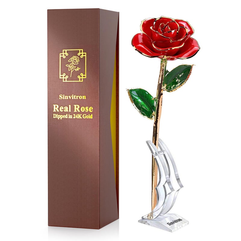 Sinvitron Gold Dipped Infinity Rose  Eternal ResinPreserved Rose  Forever Flower Decor for Birthdays Mothers Day Anniversaries  Unique Gift for Women Mom Wife Red