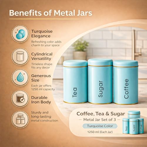 MARKET 99 Turquoise Metal Coffee, Tea and Sugar Storage Jar Set of 3 (1000ml Each) | Leak-Proof Cylindrical Kitchen Storage Containers for Dry Food | Stylish Food Canister Set for Pantry Organization - Image 2