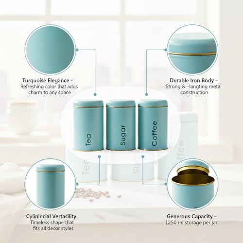 MARKET 99 Turquoise Metal Coffee, Tea and Sugar Storage Jar Set of 3 (1000ml Each) | Leak-Proof Cylindrical Kitchen Storage Containers for Dry Food | Stylish Food Canister Set for Pantry Organization - Image 3