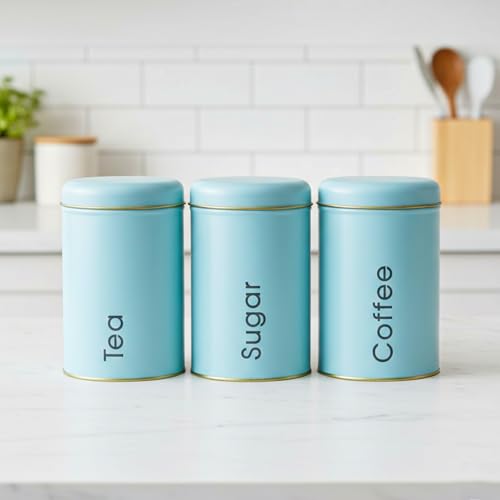 MARKET 99 Turquoise Metal Coffee, Tea and Sugar Storage Jar Set of 3 (1000ml Each) | Leak-Proof Cylindrical Kitchen Storage Containers for Dry Food | Stylish Food Canister Set for Pantry Organization - Image 1