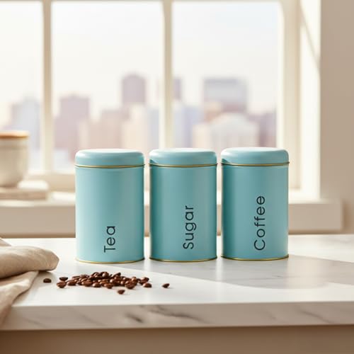 MARKET 99 Turquoise Metal Coffee, Tea and Sugar Storage Jar Set of 3 (1000ml Each) | Leak-Proof Cylindrical Kitchen Storage Containers for Dry Food | Stylish Food Canister Set for Pantry Organization - Image 4