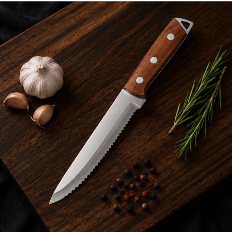 Premium 13 cm Serrated Steak Knife Stainless Steel Utility Knife | Razor-Sharp Scalloped Edge Cooking Knife with Elegant Triple-Rivet Wooden Handle & Hanging Loop - Image 4