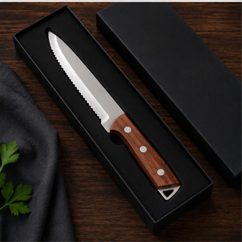 Premium 13 cm Serrated Steak Knife Stainless Steel Utility Knife | Razor-Sharp Scalloped Edge Cooking Knife with Elegant Triple-Rivet Wooden Handle & Hanging Loop - Image 3