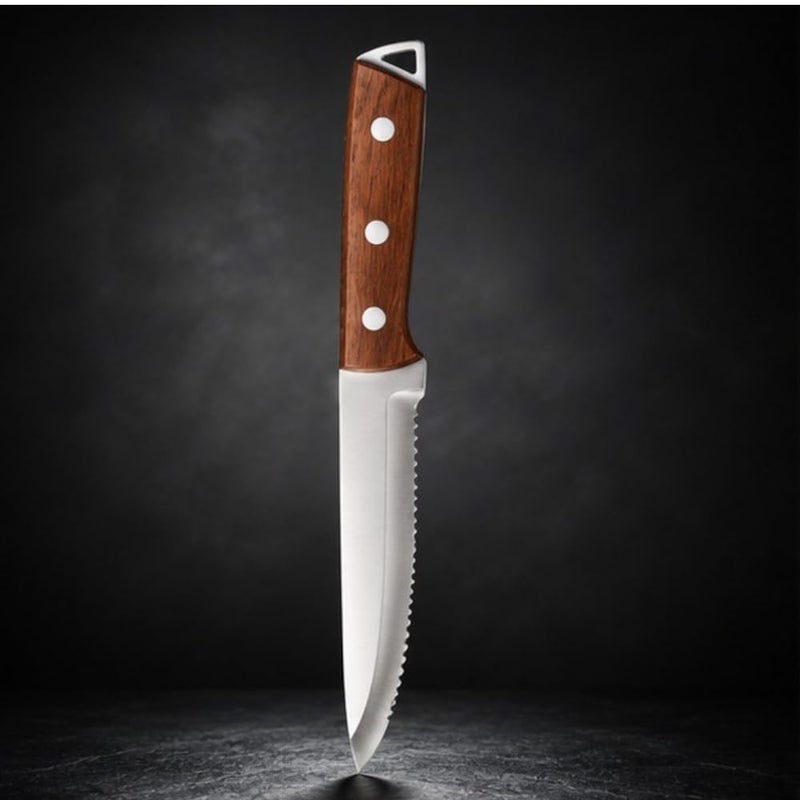 Premium 13 cm Serrated Steak Knife Stainless Steel Utility Knife | Razor-Sharp Scalloped Edge Cooking Knife with Elegant Triple-Rivet Wooden Handle & Hanging Loop - Image 1