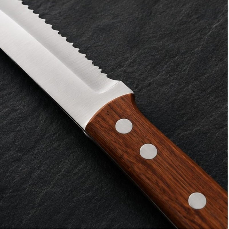 Premium 13 cm Serrated Steak Knife Stainless Steel Utility Knife | Razor-Sharp Scalloped Edge Cooking Knife with Elegant Triple-Rivet Wooden Handle & Hanging Loop - Image 2