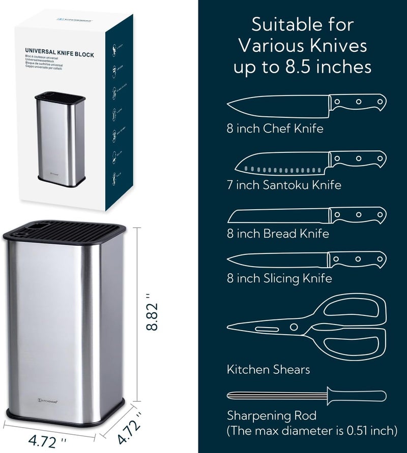 KITCHENDAO XL Stainless Steel Universal Knife Block Holder Without Knives, with Slots for Scissors and Sharpening Rod, Detachable for Easy Cleaning, Slotless Knife Holder Storage for Kitchen Counter - Image 4