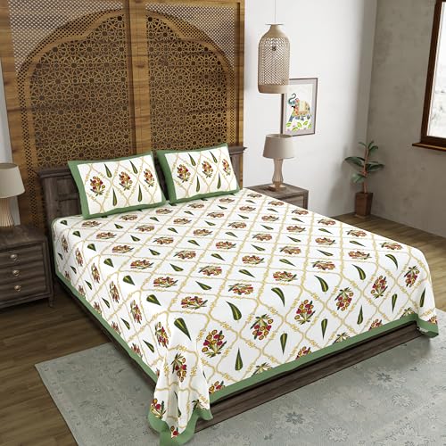 BLOCKS OF INDIA Hand Block Printed 200 TC Cotton King Size Bedsheet | Green Patti - Image 2