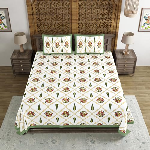BLOCKS OF INDIA Hand Block Printed 200 TC Cotton King Size Bedsheet | Green Patti - Image 1
