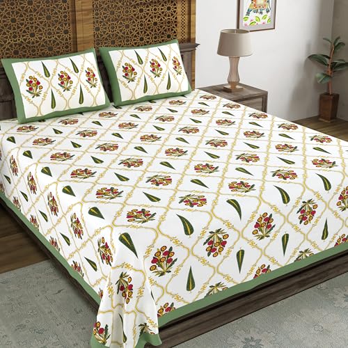 BLOCKS OF INDIA Hand Block Printed 200 TC Cotton King Size Bedsheet | Green Patti - Image 3