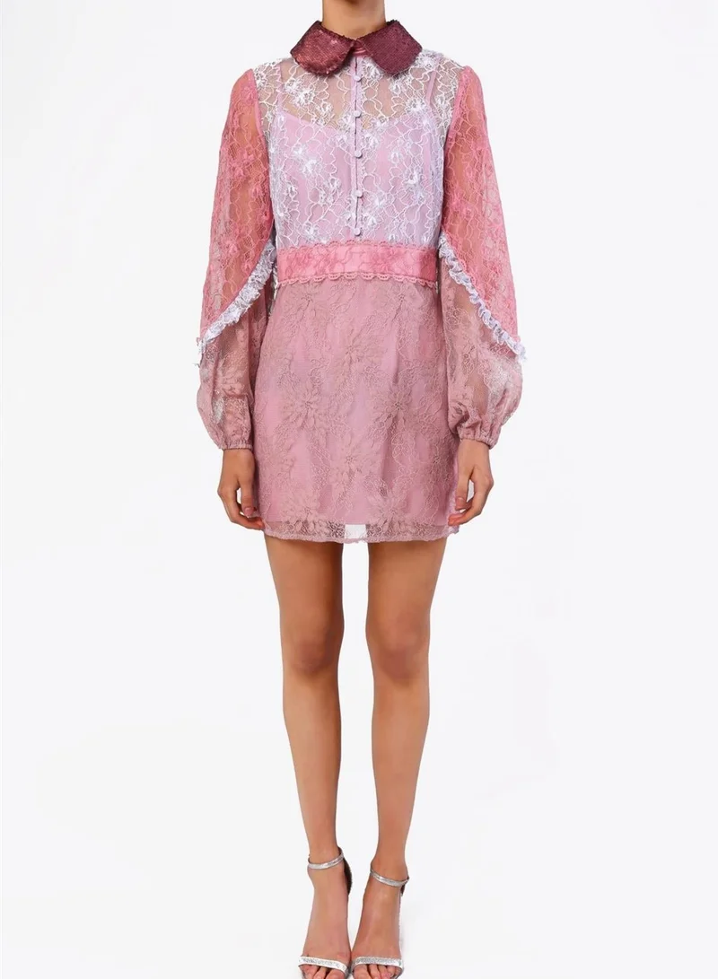 ترو ديكادينس Blair Pink Mixed Lace Collared Mini Dress