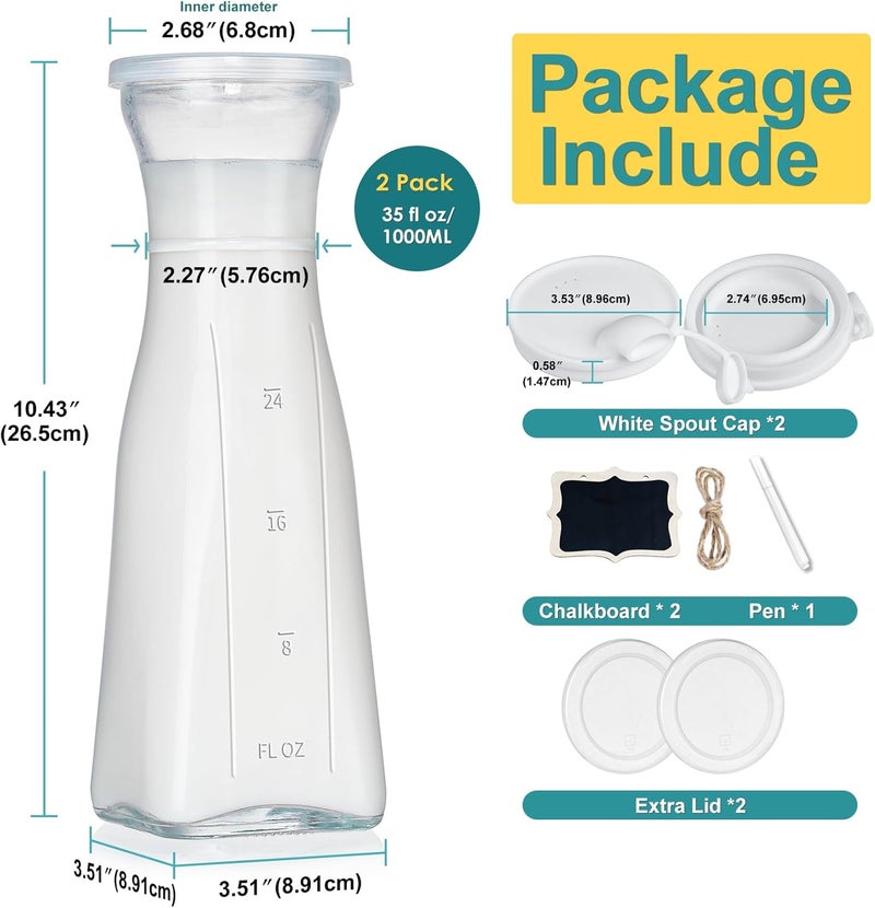 Ritayedet Glass Pitcher, 1 Liter Carafe for Mimosa Bar, 2 Pcs, Square Pitcher with Lid and Spout, Juice Container for Fridge, Cold Brew, Milk, Water Dispenser, Tea, Creamer, Sangria (3 Lids & 2 Spouts) - Image 5