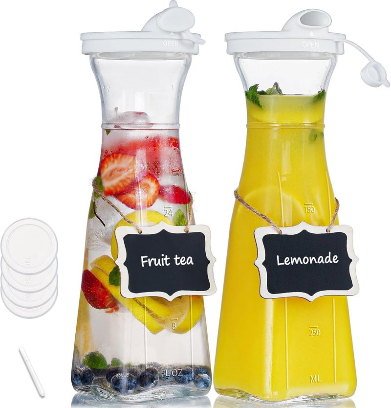 Ritayedet Glass Pitcher, 1 Liter Carafe for Mimosa Bar, 2 Pcs, Square Pitcher with Lid and Spout, Juice Container for Fridge, Cold Brew, Milk, Water Dispenser, Tea, Creamer, Sangria (3 Lids & 2 Spouts) - Image 1
