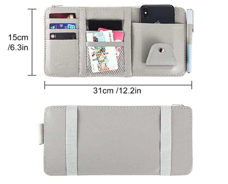 AGFP Car Sun Visor Organizer, Car Accessories Sunglass Pen Card Small Document Storage Pouch Holder, PU Leather, Multi-Pocket with Zipper Net - Grey Colour - Image 3