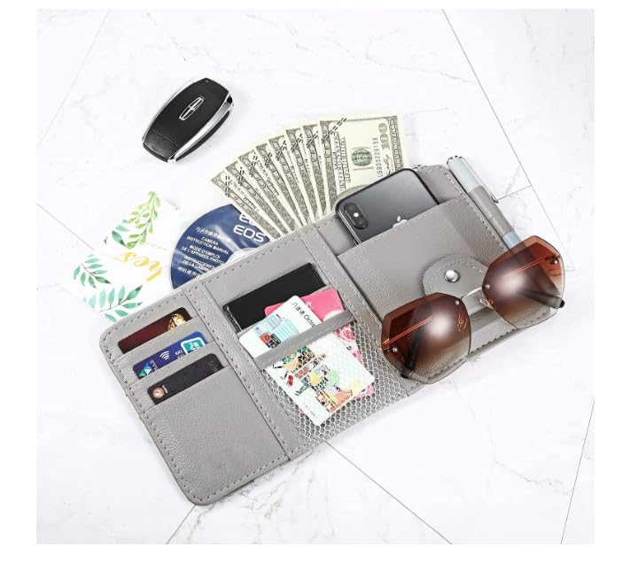 AGFP Car Sun Visor Organizer, Car Accessories Sunglass Pen Card Small Document Storage Pouch Holder, PU Leather, Multi-Pocket with Zipper Net - Grey Colour - Image 2