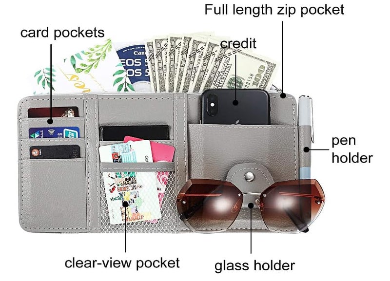 AGFP Car Sun Visor Organizer, Car Accessories Sunglass Pen Card Small Document Storage Pouch Holder, PU Leather, Multi-Pocket with Zipper Net - Grey Colour - Image 4
