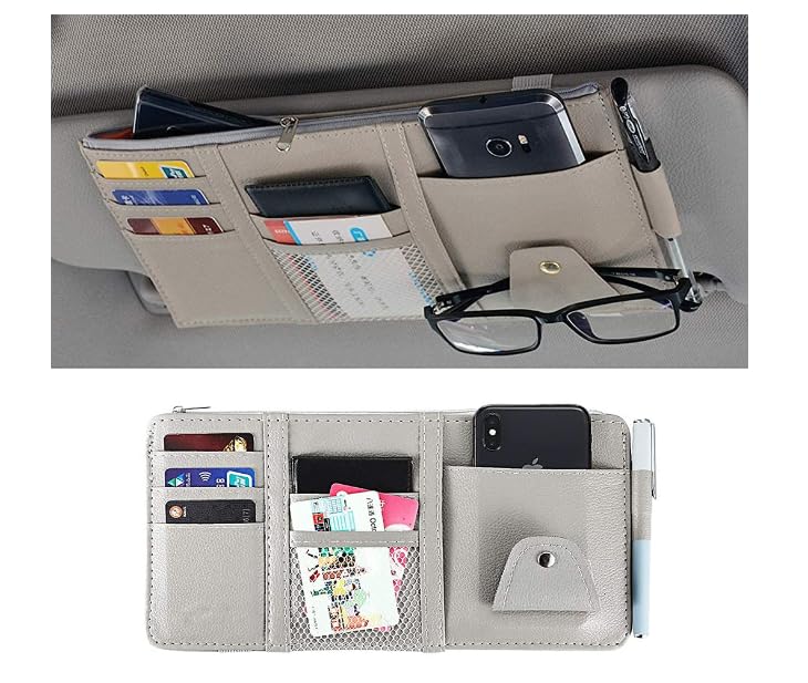 AGFP Car Sun Visor Organizer, Car Accessories Sunglass Pen Card Small Document Storage Pouch Holder, PU Leather, Multi-Pocket with Zipper Net - Grey Colour - Image 1