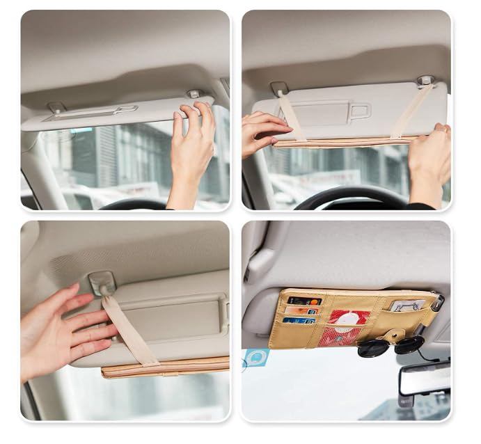 AGFP Car Sun Visor Organizer, Car Accessories Sunglass Pen Card Small Document Storage Pouch Holder, PU Leather, Multi-Pocket with Zipper Net - Grey Colour - Image 5