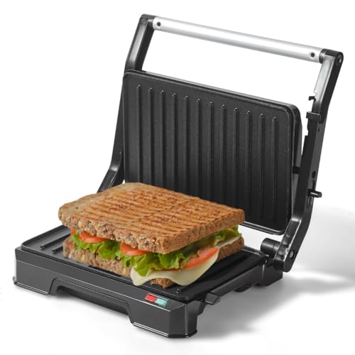 UVFAST Small Panini Press Grill Sandwich Maker, Electric 3 in 1 Panini Sandwich Maker Grill, Open 180 Degrees for grill indoor, Perfect for Grilling Steaks, Burger, Sandwich, Non-stick Pan, Black - Image 1