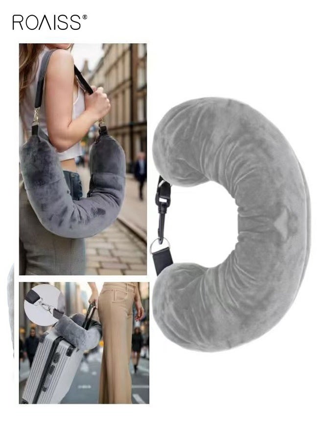 roaiss Unisex Airplane Car Travel Headrest Soft Plush Stuffed Luggage Pillowcase with Shoulder Straps Multi-functional Outdoor U-Shaped Lightweight Portable Headrest Grey - Image 4