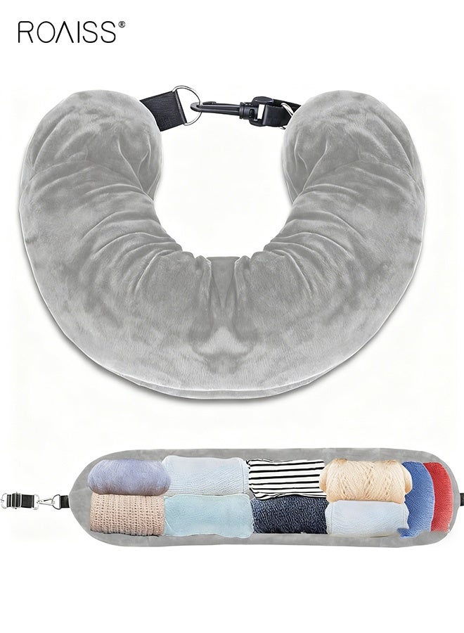 roaiss Unisex Airplane Car Travel Headrest Soft Plush Stuffed Luggage Pillowcase with Shoulder Straps Multi-functional Outdoor U-Shaped Lightweight Portable Headrest Grey - Image 5