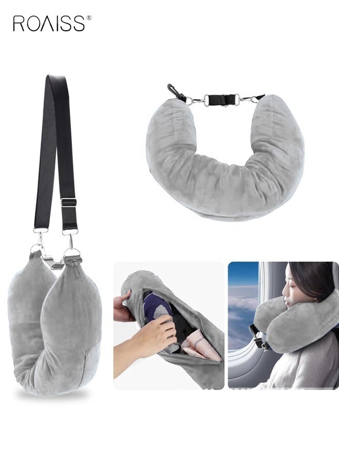 roaiss Unisex Airplane Car Travel Headrest Soft Plush Stuffed Luggage Pillowcase with Shoulder Straps Multi-functional Outdoor U-Shaped Lightweight Portable Headrest Grey - Image 1