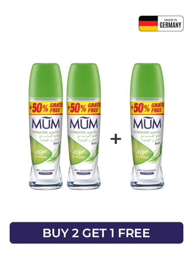 MUM Deodorant Roll-on - Sensitive Aloe Vera, 48-Hrs Protection, Quick Drying Formula For All Skin Type, Pack of 3, 75ml Each - Image 1