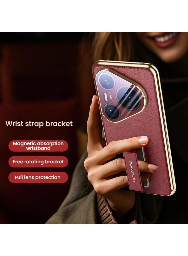 general Leather Case Compatible with Huawei Pura 80 Ultra 5G, Full Wrap Lens Camera Protection Magnetic Retractable Wrist Strap Metal Swivel Stand Shockproof Case - Image 3