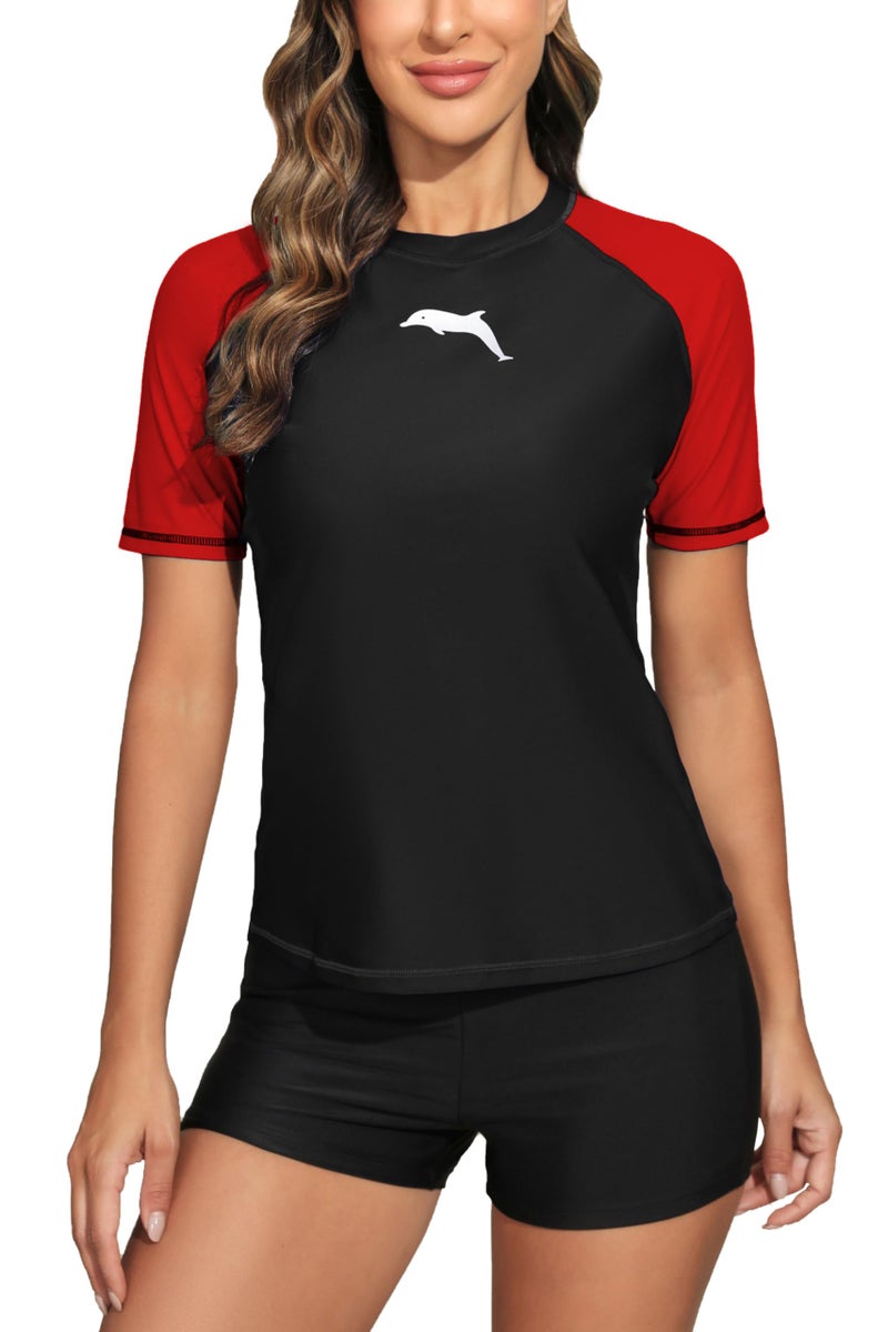 Halcurt Women's Short Sleeve Swim Shirt Rash Guard Swimsuit Top Only UPF50+ Sun Protection Bathing Suit Black S - Image 1