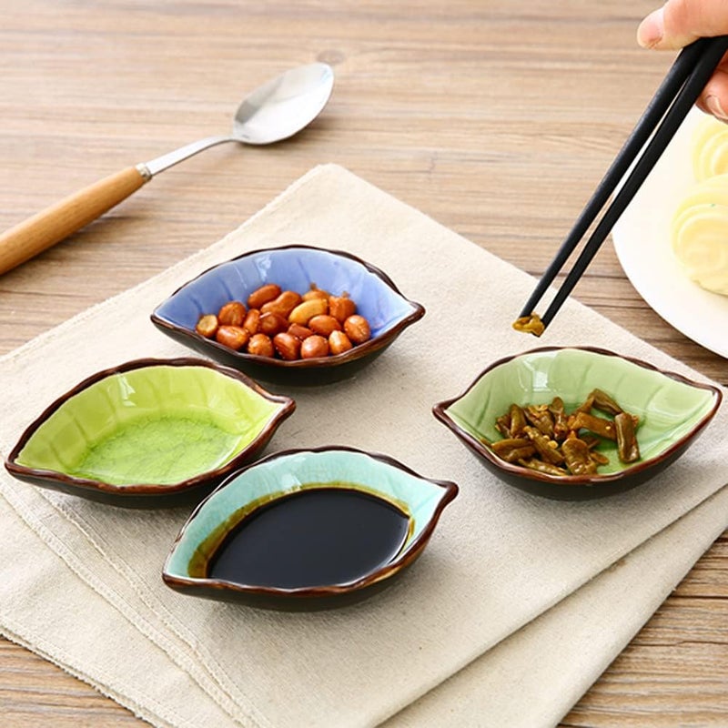 Luzen 4Pcs Creative Leaf Shape Dipping Bowls Ceramic Dipping Soy Sauce Bowl Dishes Small Fruits Dessert Appetizer Bowl Plates Serving Bowls Dinnerware for Tomato Sauce Condiments BBQ Home Party 4 Colors - Image 4