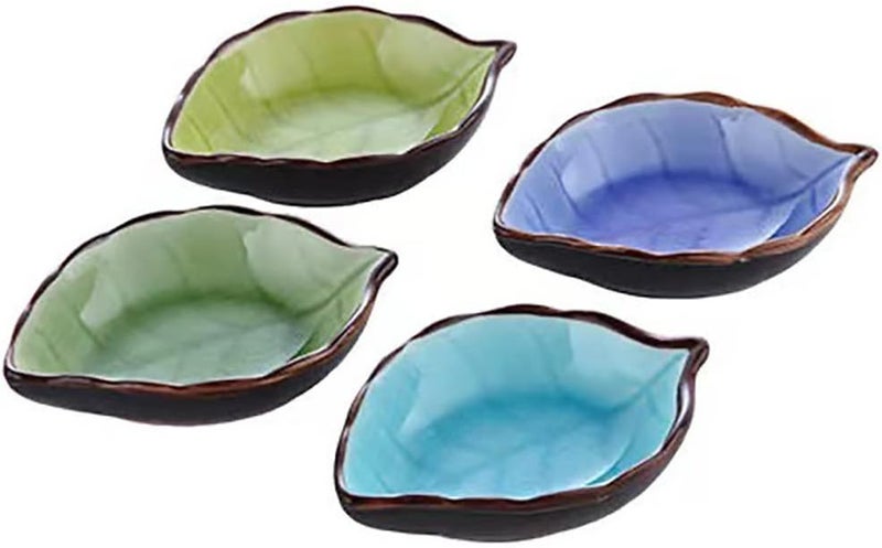Luzen 4Pcs Creative Leaf Shape Dipping Bowls Ceramic Dipping Soy Sauce Bowl Dishes Small Fruits Dessert Appetizer Bowl Plates Serving Bowls Dinnerware for Tomato Sauce Condiments BBQ Home Party 4 Colors - Image 1