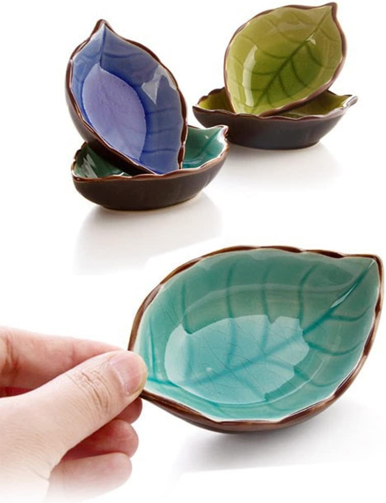 Luzen 4Pcs Creative Leaf Shape Dipping Bowls Ceramic Dipping Soy Sauce Bowl Dishes Small Fruits Dessert Appetizer Bowl Plates Serving Bowls Dinnerware for Tomato Sauce Condiments BBQ Home Party 4 Colors - Image 2