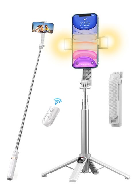 Mobile Phone Selfie Stick With Bluetooth Remote Control, Selfie Extension Stick With Mobile Phone Holder, Foldable Quadripod, Portable Storage, Can Be Extended To 1 Meter, With 2 Fill Lights, Compatible With All Mobile Phones