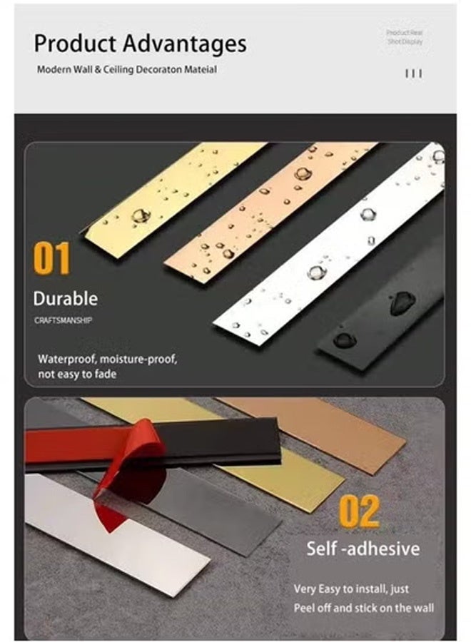 XiuWoo 15mm Self-Adhesive Stainless Steel Mirror Decorative Strips - gold Wall Trim, Peel & Stick Metal Frame Border for Wall Mirrors, Mirror Finish Decoration，Convenient and fast - Image 2