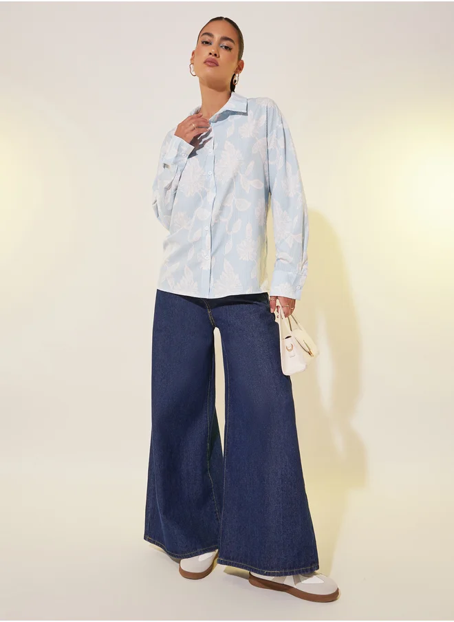 ستايلي Floral Print Spread Collar Oversized Shirt