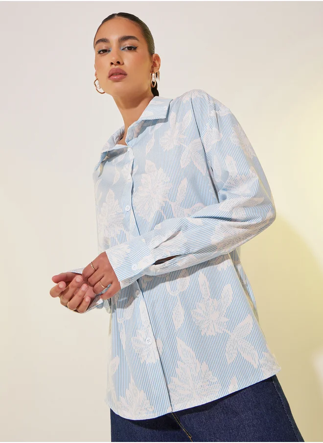 ستايلي Floral Print Spread Collar Oversized Shirt