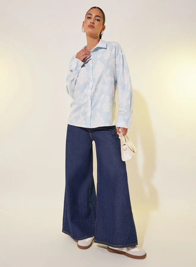 Take Two Floral Print Spread Collar Oversized Shirt