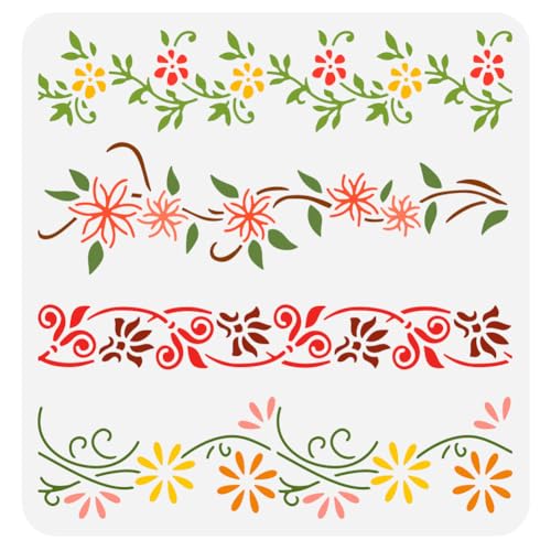 FINGERINSPIRE 4 Styles Vine Floral Border Stencil 11.8x11.8inch Reusable Plastic DIY Decorating Tool for Wood Wall Furniture - Image 1